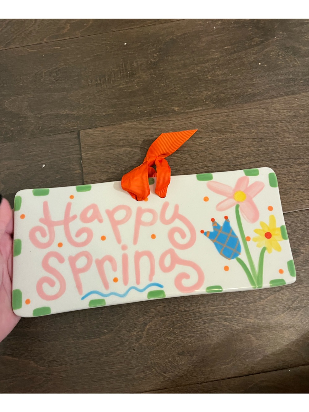 Happy Spring Ceramic Hanging Plaque - Orange Ribbon coton colors